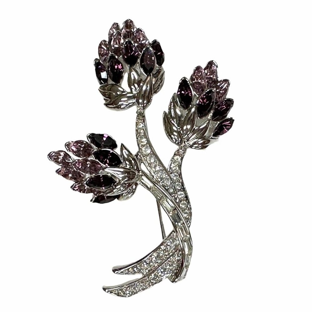 Nolan Miller Brooch Pin Rhinestones 3 Flowers Bouquet Runway Statement Purple
